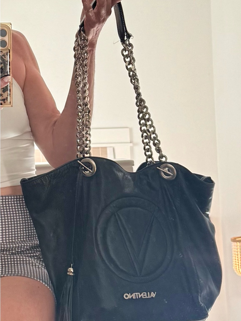 ✨Mario Valentino Verra Black Leather V Logo Chain Tote Made in Italy